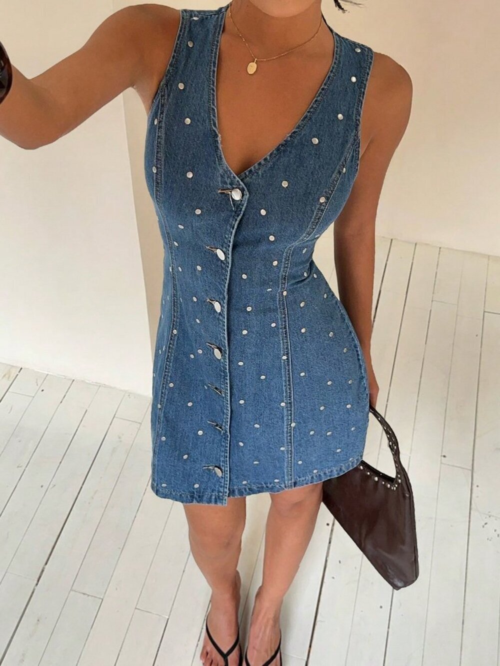Blue Casual Women's Denim Dress with polkadot Front Button
